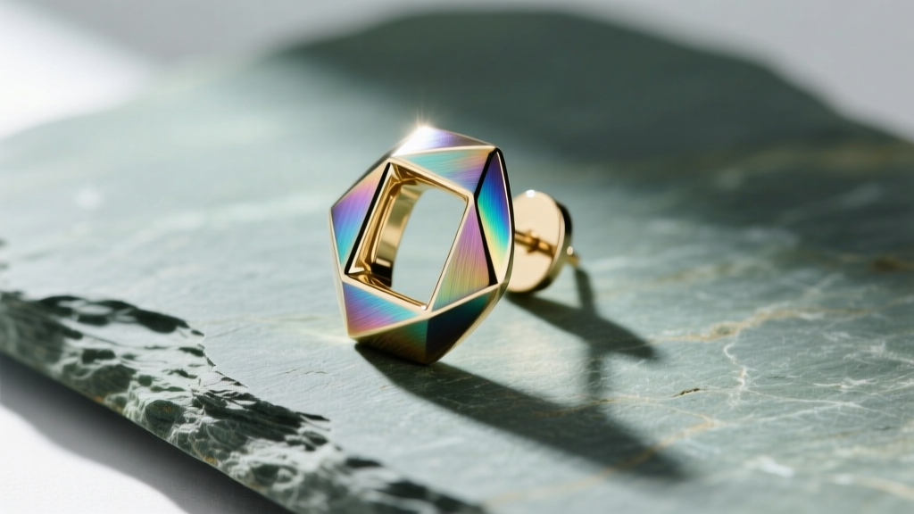Close-up of an anodized niobium and 18k white gold Don Lin earring on slate, soft lighting highlighting brushed metal