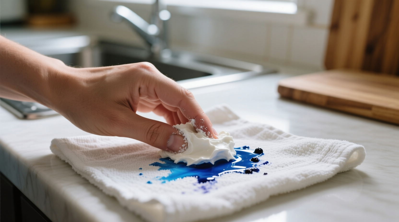 Hand removing food coloring stain with baking soda paste