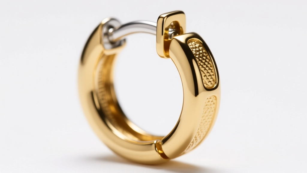Macro shot of 14k gold vermeil huggie earring hinge showing sterling silver base metal at joint, bright studio lighting