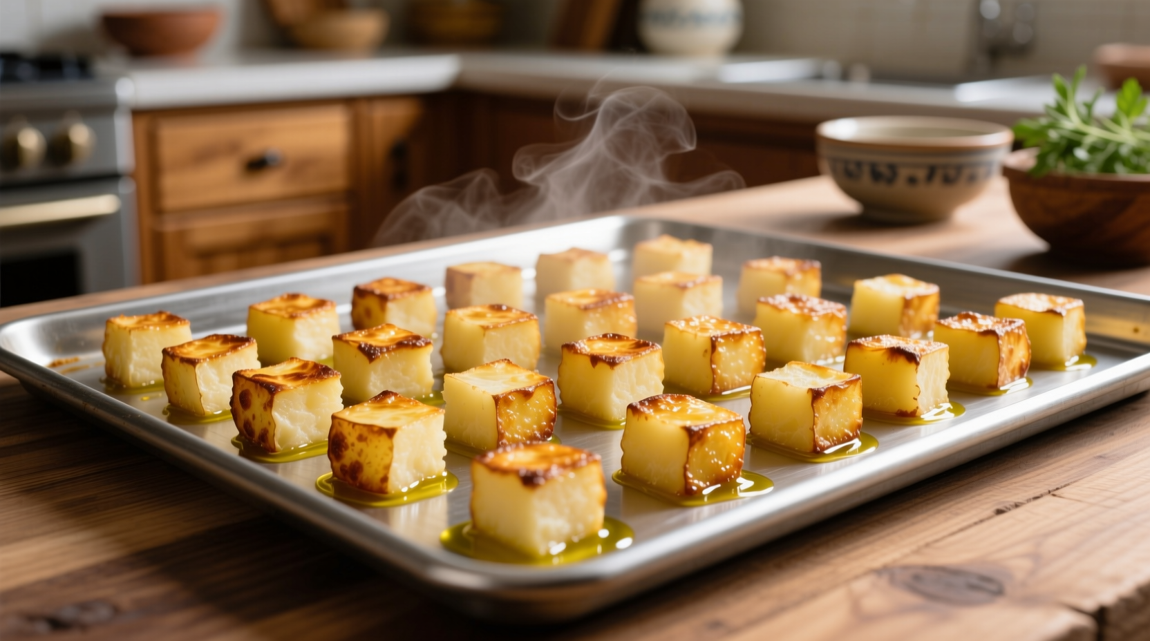 Golden baked potato cubes on baking sheet
