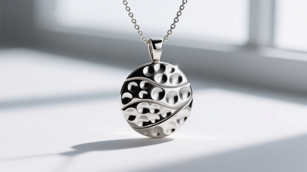 Macro photo of a hand-hammered sterling silver necklace pendant, highlighting overlapping dimpled textures and light reflections