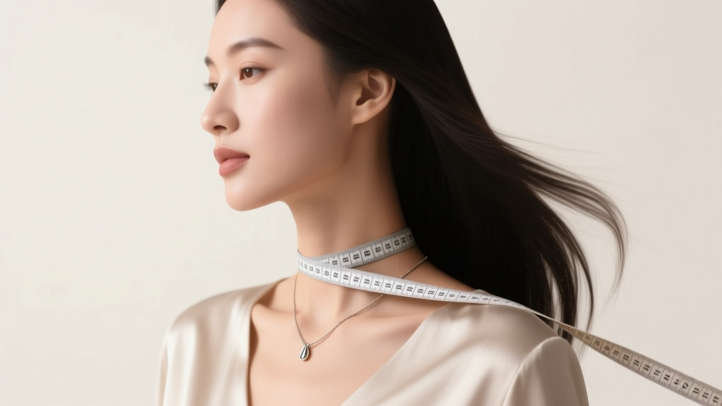 Side profile of a woman wearing a soft measuring tape around her neck to determine ideal chain lengths necklace drop and fit