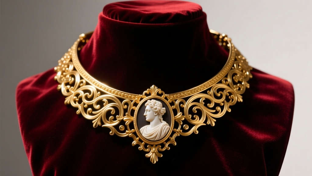 Wide structured gold Napoleon collar necklace on dark velvet bust, intricate neoclassical filigree, central cameo, studio lighting