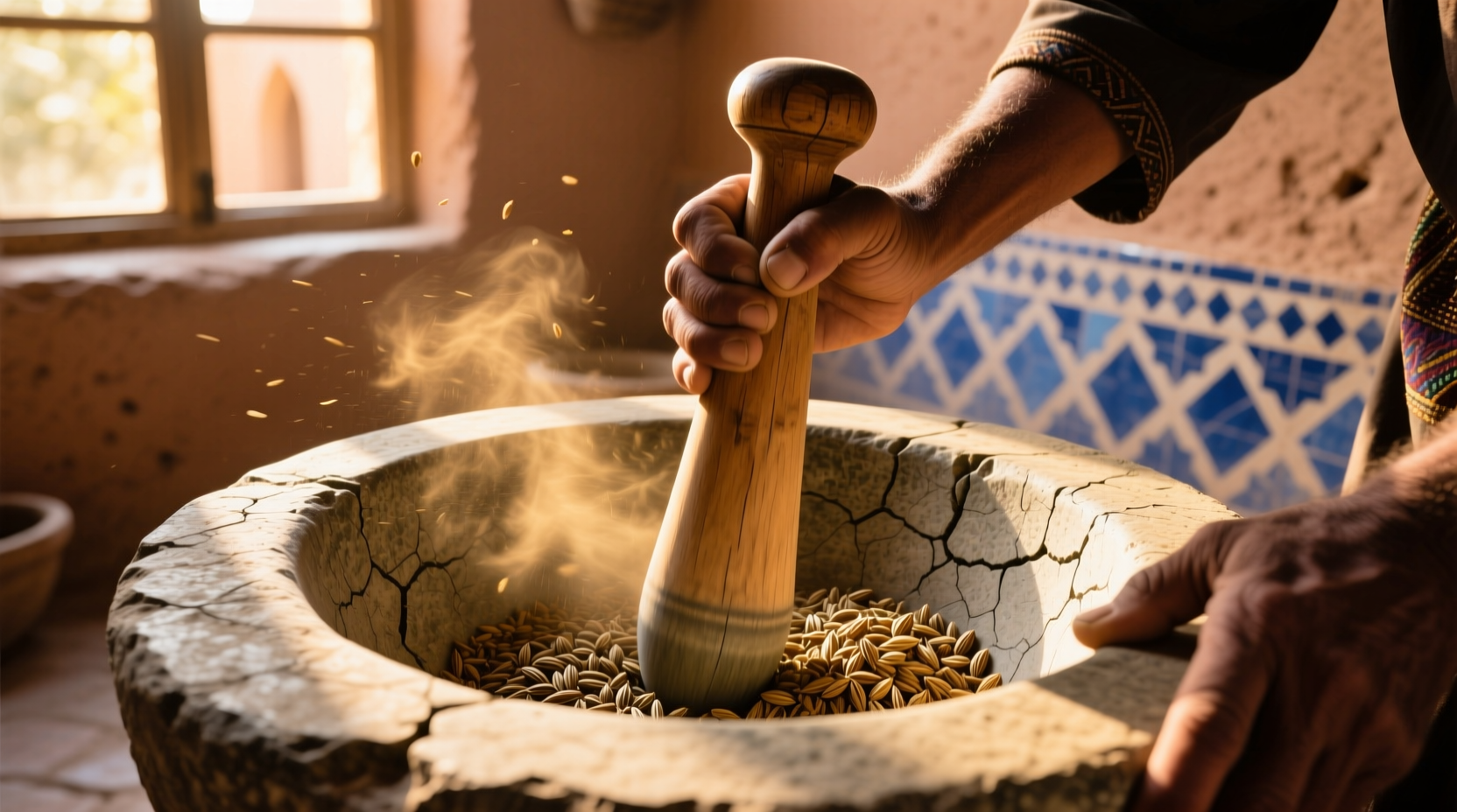 Hand grinding cumin seeds in traditional Moroccan mortar