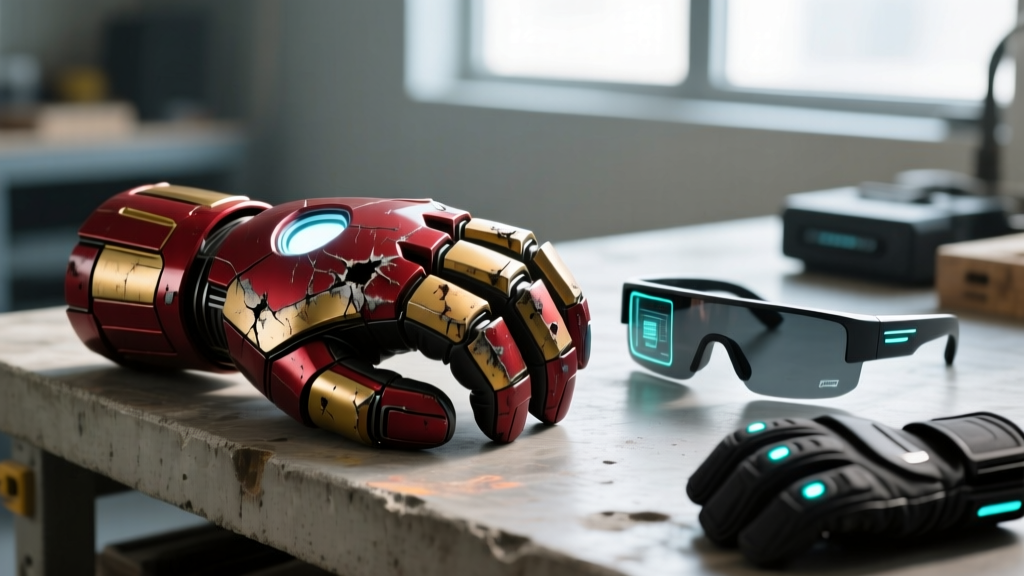 Close-up of a scarred fiberglass Iron Man Mark LXXXV replica gauntlet resting on a workbench next to AR smart glasses and haptic gloves.