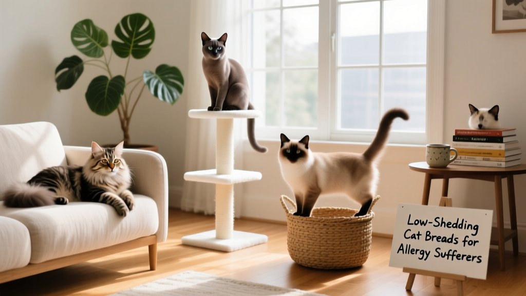 Side-by-side comparison of low-shedding cat breeds including Siberian, Russian Blue, and Balinese, shown in a clean, sunlit living room