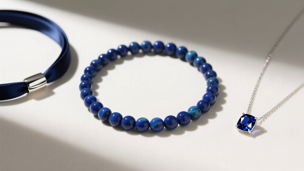 Flat lay of three navy necklaces: a lapis lazuli beaded strand, a dark blue silk cord with silver clasp, and a sapphire solitaire