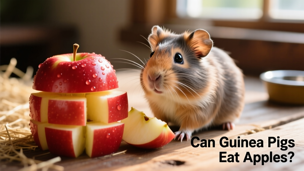 Close-up of a fresh red apple sliced into small cubes next to a guinea pig
