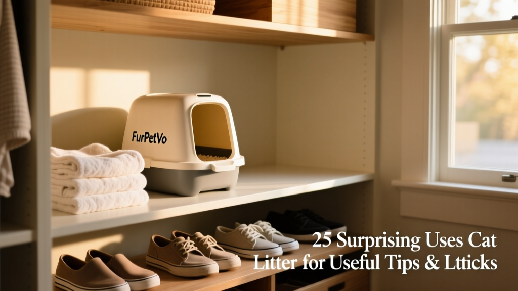 A neatly organized closet with a small, labeled FurPetVo litter container tucked on a high shelf beside folded towels and shoes