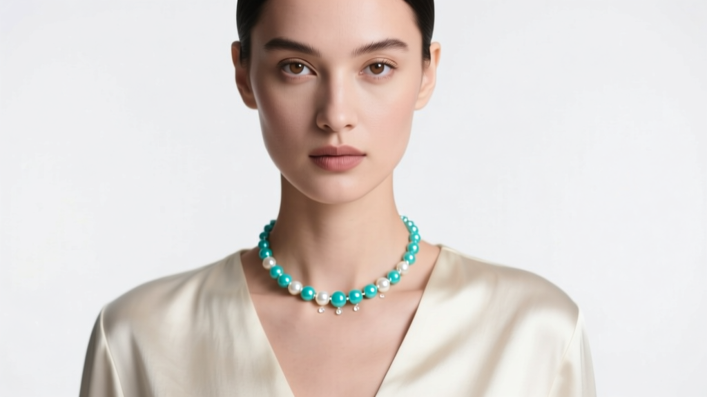 Editorial close-up of a model wearing a turquoise and pearl necklace over cream silk, soft studio lighting, front-facing angle.