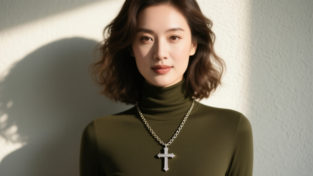 Woman wearing a screen-accurate replica cross necklace over a dark olive turtleneck, pendant resting perfectly at the collarbone.
