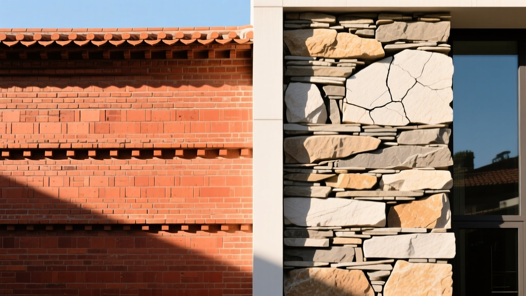 Split exterior facade showing traditional red clay brick on left and rugged ledgestone veneer on right under bright sunlight