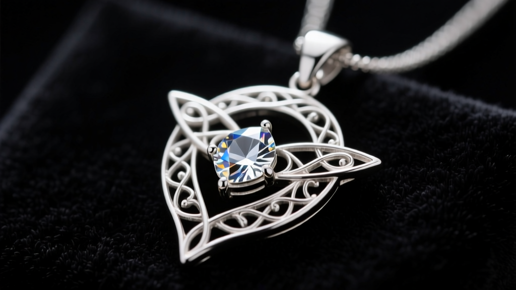 Close-up of a sterling silver Evenstar pendant on dark velvet, highlighting intricate filigree and a central crystal stone.