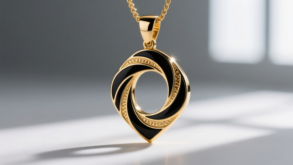 Macro shot of a 14k gold San Benito pendant with black vitreous enamel inlay, contrasting sharply against polished metal surfaces