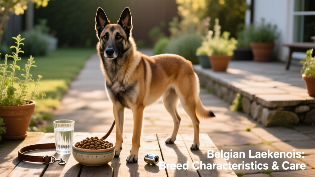 A healthy adult Belgian Laekenois standing proudly beside a bowl of premium kibble and fresh water, with a leash and training clicker nearby