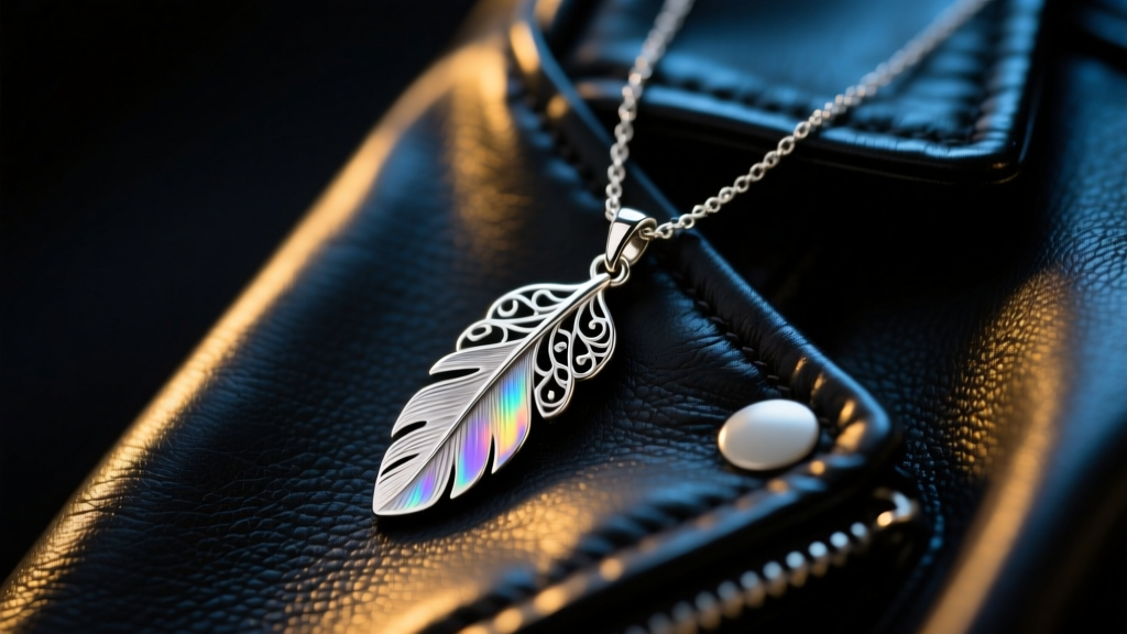 Close-up of a delicate sterling silver feather pendant necklace resting on a dark leather jacket, moody cinematic lighting.