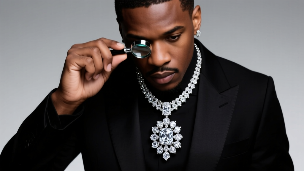 Jeweler using a loupe to inspect micro-pave prong settings on a heavy iced-out hip hop style pendant under bright studio lighting