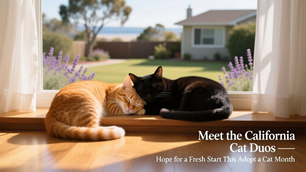 Two bonded cats napping side by side on a sunlit windowsill