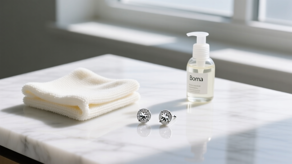 Flat-lay photo of a microfiber cloth, mild soap, and Boma sterling silver stud earrings resting on a clean white marble surface.