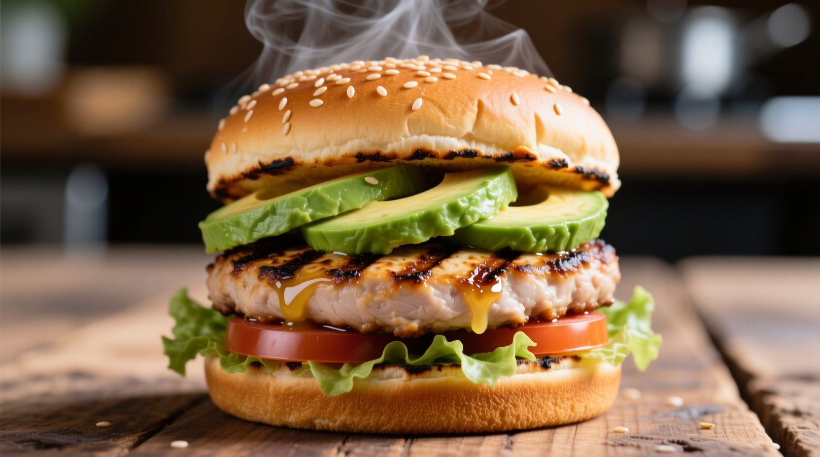Spicy turkey burger with avocado topping on toasted bun