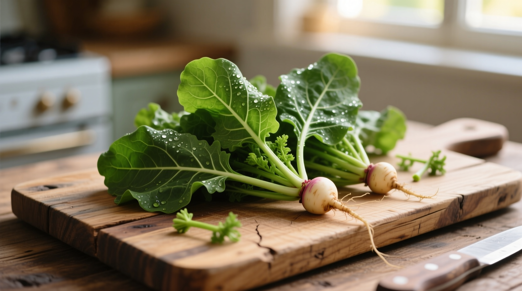 Fresh turnip greens on wooden cutting board