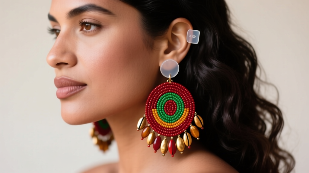 Woman wearing heavy Amazonian seed bead Peruvian earrings, with a clear silicone support patch visible just behind the earlobe.