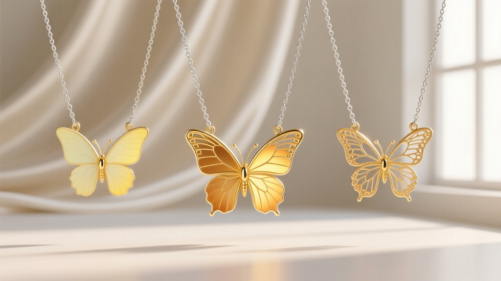 10k, 14k, and 18k dainty gold butterfly necklaces side by side, showing color shifts from pale yellow to warm gold on silk.