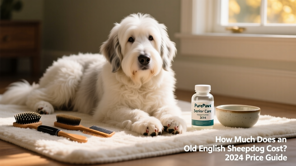 A senior Old English Sheepdog resting peacefully on a soft rug beside grooming tools and a wellness supplement bottle
