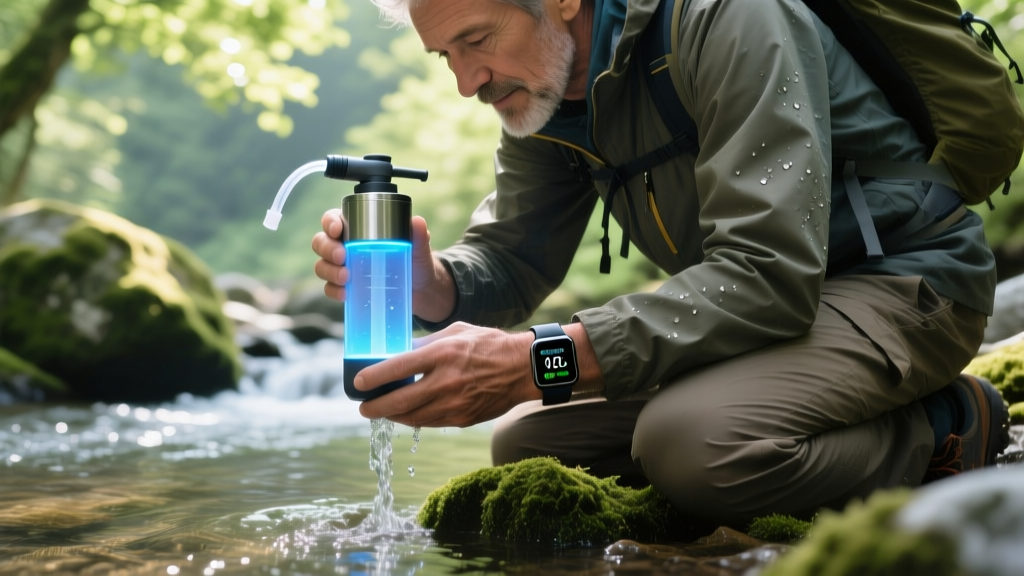 Hiker filtering stream water through a pressurized UV purifier, with a smartwatch showing hydration alerts and elevation data.