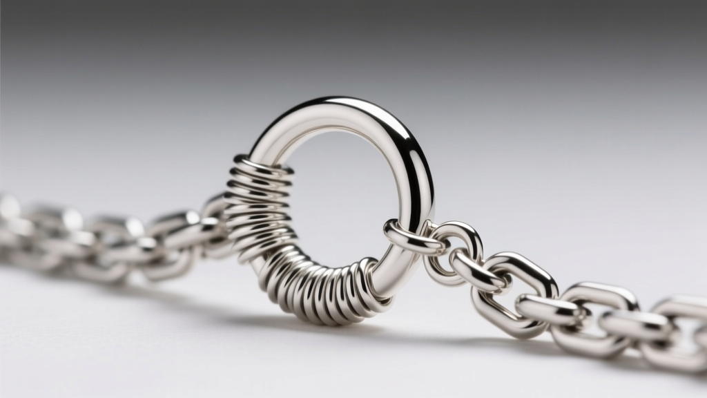 Close-up of a 16-gauge soldered silver jump ring connecting a custom wire-wrapped bail to a 3mm stainless steel Cuban link chain