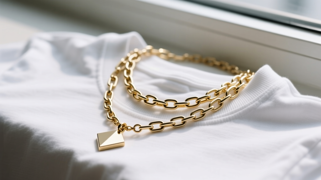 Street style close-up of a gold vermeil rosary layered with a thick paperclip chain and minimalist pendant on a white tee