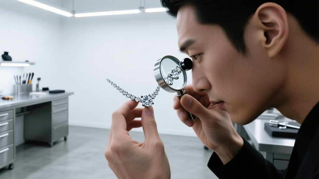 Jeweler examining platinum prongs of a diamond necklace through a loupe under bright LED lighting in a clean jewelry repair workshop.