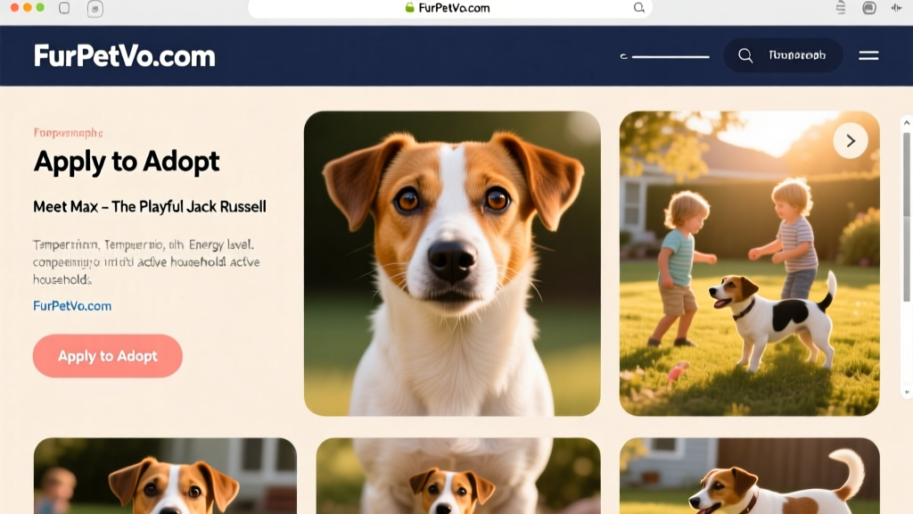 Screenshot-style image of a FurPetVo.com profile page for a Jack Russell Terrier, showing photos, bio, and 'Apply to Adopt' button