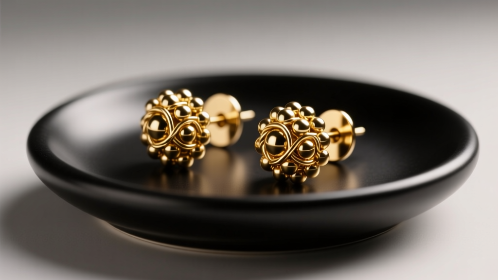 14k gold beaded ball stud earrings on a matte black tray, highlighting the threading mechanism under soft, warm studio lighting.