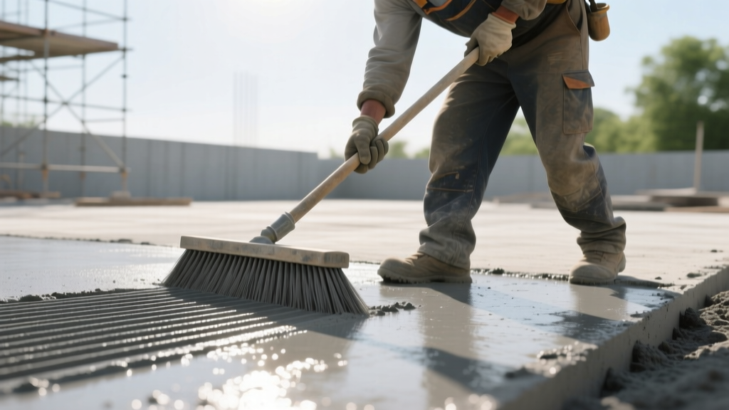 Concrete finisher dragging a stiff polypropylene broom across wet gray slab to create deep slip-resistant striations in sunlight