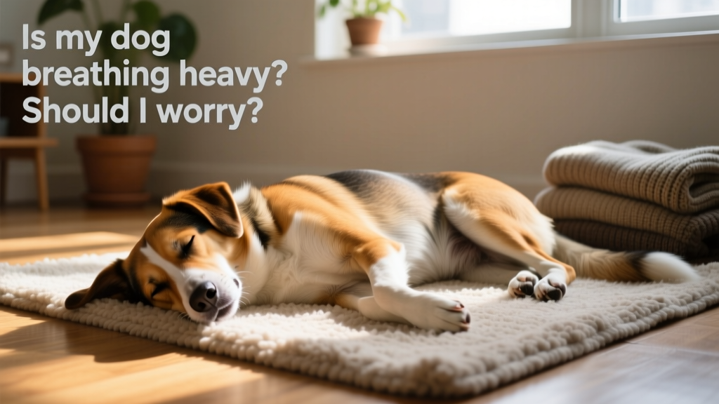 A calm dog resting indoors with relaxed posture and normal breathing