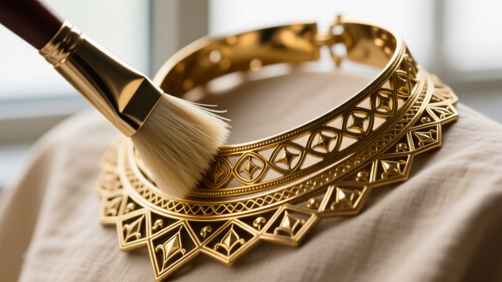 Close-up of a soft brush gently scrubbing the intricate gold-plated crevices of a heavy vintage-style collar statement necklace.