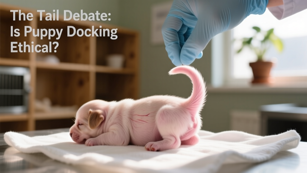 Close-up of a newborn puppy’s tail before docking procedure