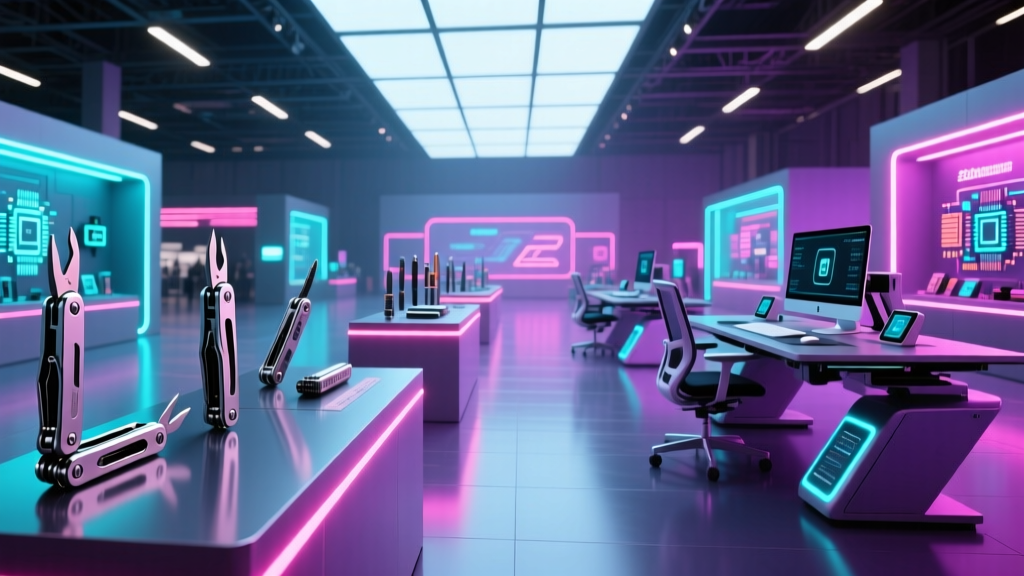 A sprawling 2026 tech expo floor featuring illuminated smart EDC tools, titanium multi-tools, and modular desktop setups under neon lighting