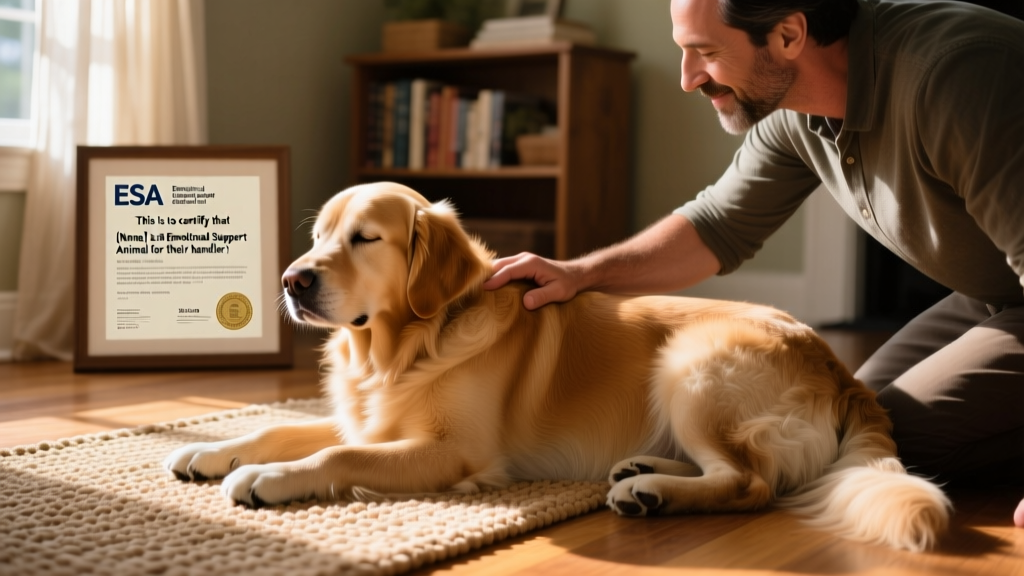 A person smiling while gently petting their calm, relaxed dog at home, with a framed ESA letter visible on a nearby shelf