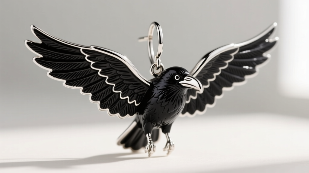 Macro photography of a 925 sterling silver raven dangle earring showing intentional black oxidation in the crevices of the wings.