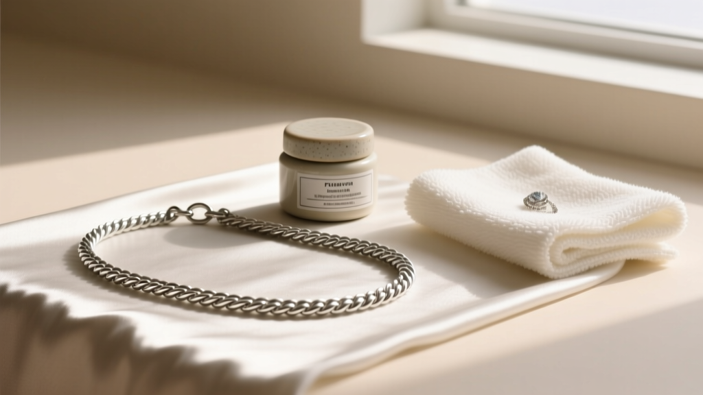Delicate silver rope chain on an anti-tarnish cloth, next to a small jar of jewelry polishing compound and a microfiber cloth.