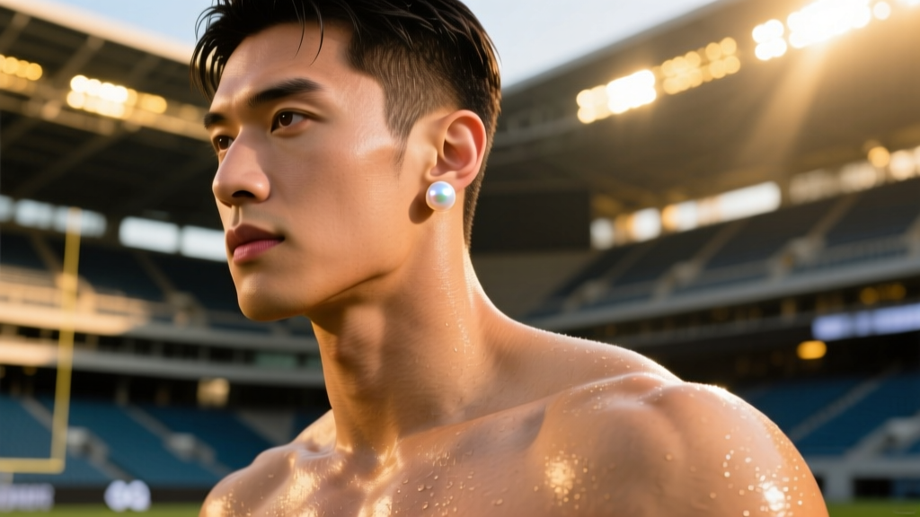 Portrait of a male athlete wearing a single 9mm white Akoya pearl stud earring on his left earlobe under bright stadium lighting