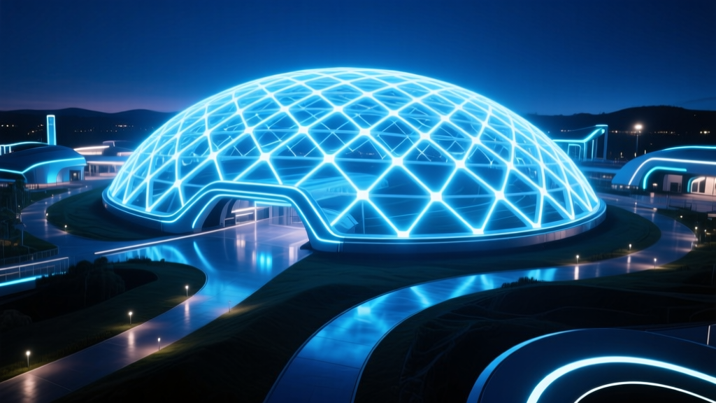 Sweeping aerial view of the TRON Lightcycle Run glowing blue and white digital canopy gridshell structure at night in a theme park