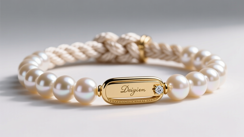 Close-up of hand-knotted silk pearl strand showing an 18k gold clasp, stamped designer hallmark, and a small diamond accent.