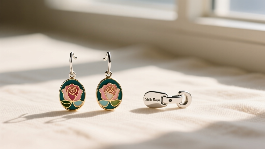 Flat lay comparing an authentic Stella Rose drop earring to a dupe, focusing on enamel detailing and clasp quality differences