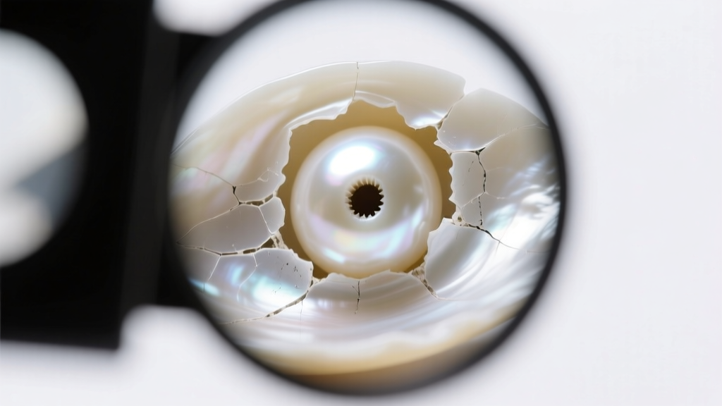Extreme macro photography of a white pearl drill hole revealing a thin layer of peeling artificial coating under a jewelers loupe