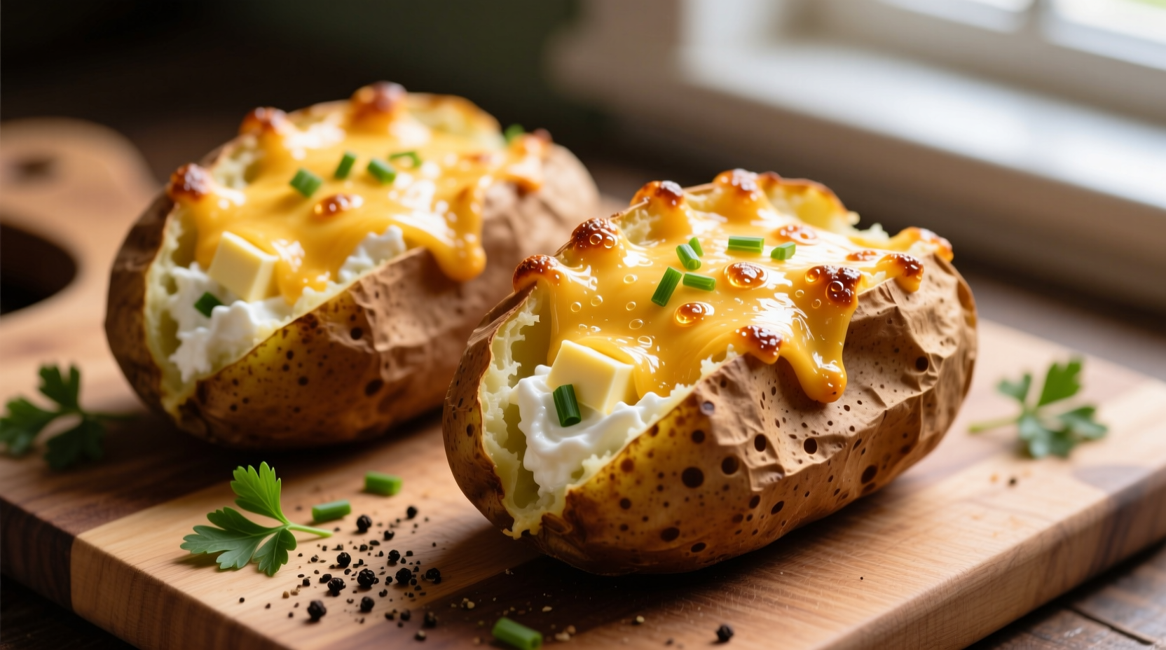 Golden brown twice baked potatoes with melted cheese topping