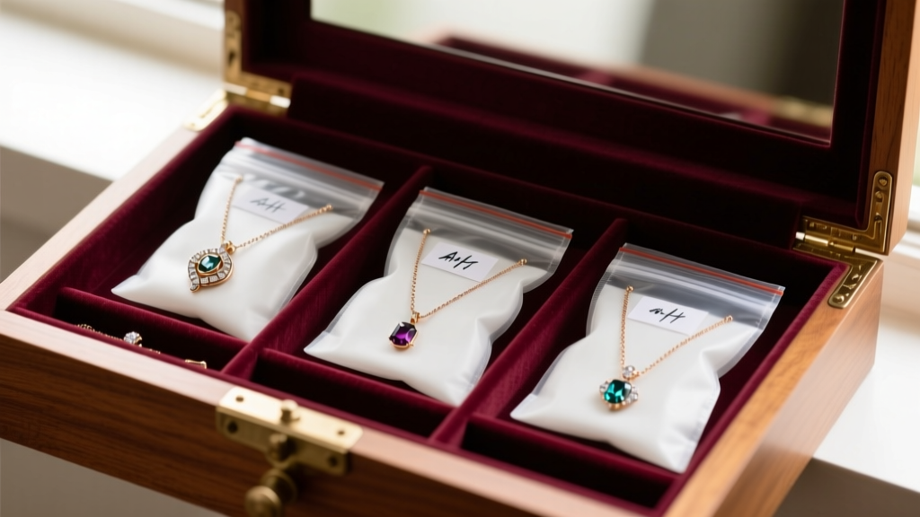 Three delicate necklaces stored in anti-tarnish ziplock bags with chalk, organized neatly inside a velvet-lined wooden jewelry drawer
