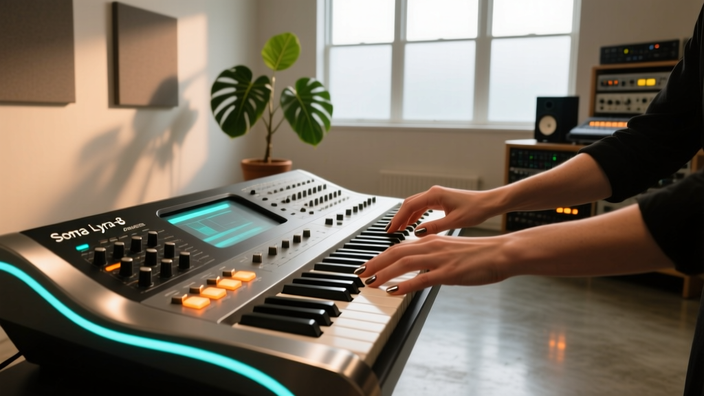 Producer fingers pressing metallic touch plates of the Soma Lyra-8 organismic synthesizer in a dimly lit recording studio